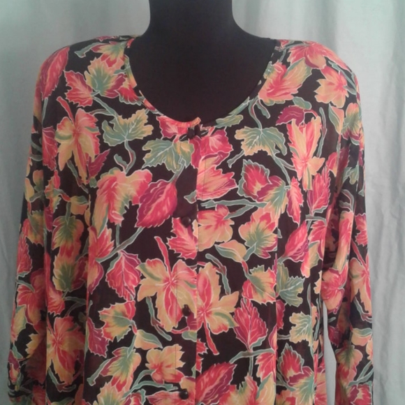 Natori II Small S Tunic Shirt Oversized Vintage Floral Leaves Yellow Orange Red - Picture 2 of 12